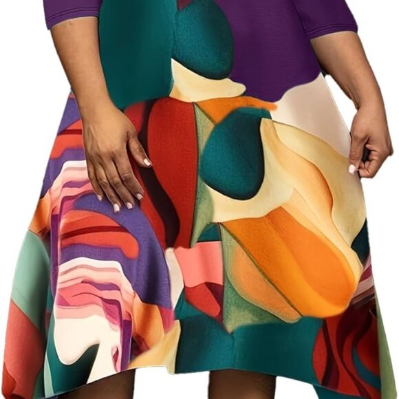 Plus Size Floral Midi Dress 3/4 Sleeve A-Line Asymmetric Hem Casual - Picture 1 of 2